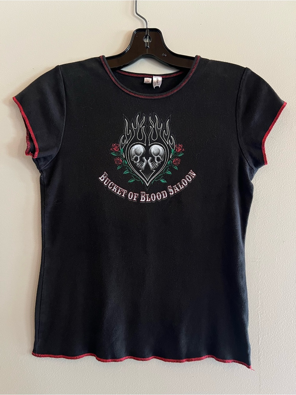 District Threads Bucket of Blood Saloon Black Baby Tee Y2K Goth Medium Vintage